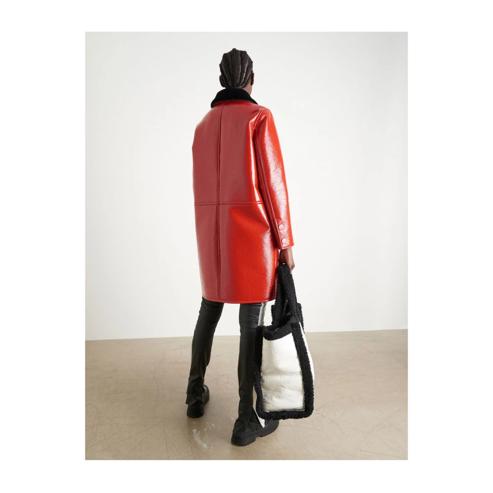 Stand Studio Glanzende Rode Patentjas met Nepbont Kraag Red Dames