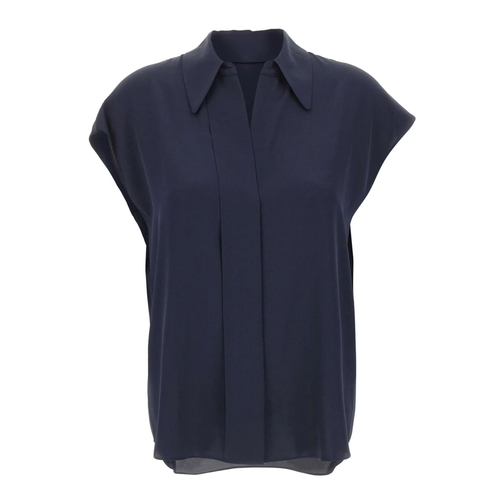 Vince Women's Blue Blouses, S, Stretch-Silk Hidden-Placket Cap-Sleeve Blouse
