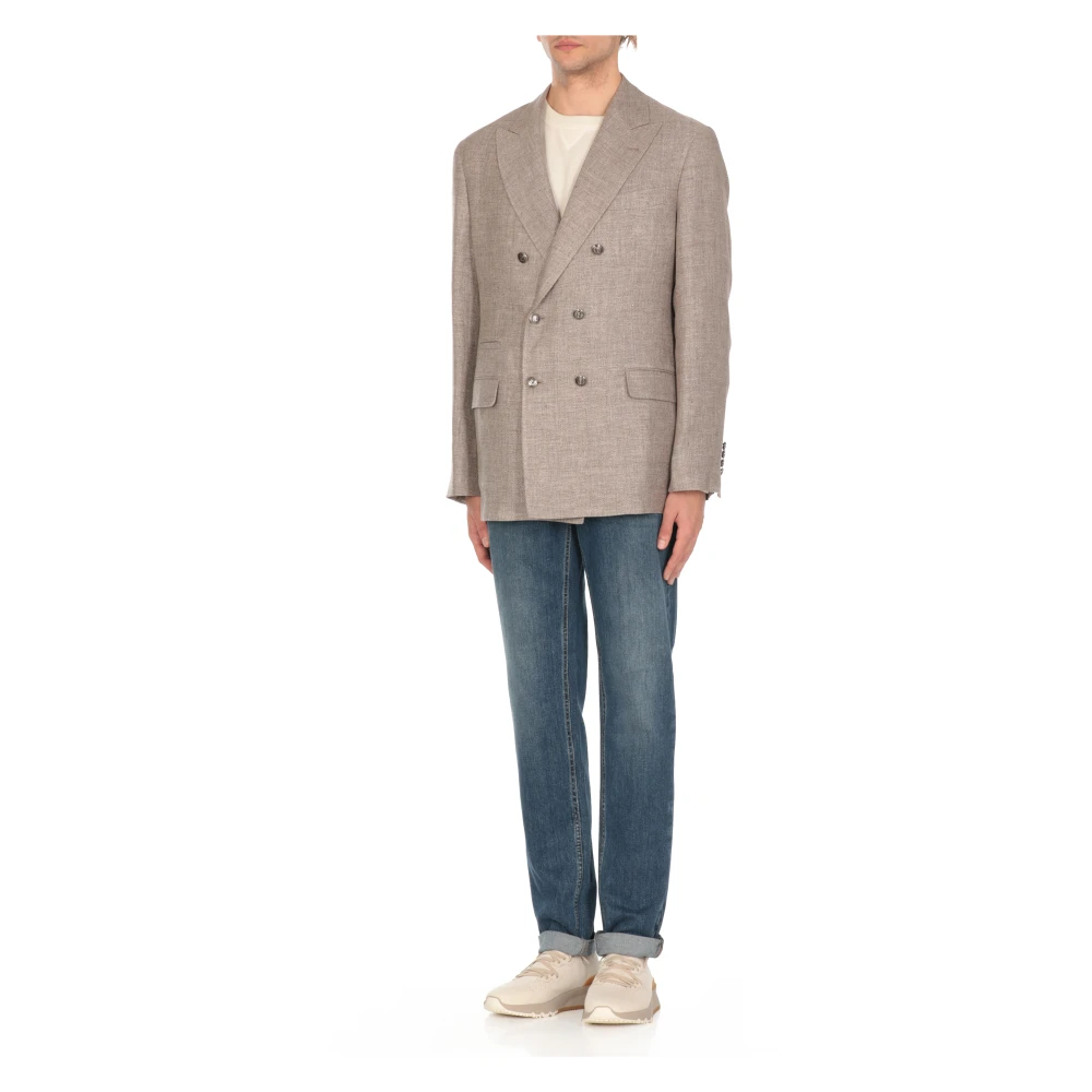 BRUNELLO CUCINELLI Dubbelbreasted Linnen en Wol Jas Brown Heren