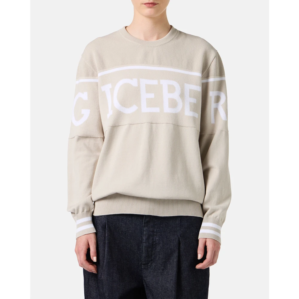 Iceberg Ijskleurige carry-over ronde hals in katoen met jacquard logostreep Beige Dames