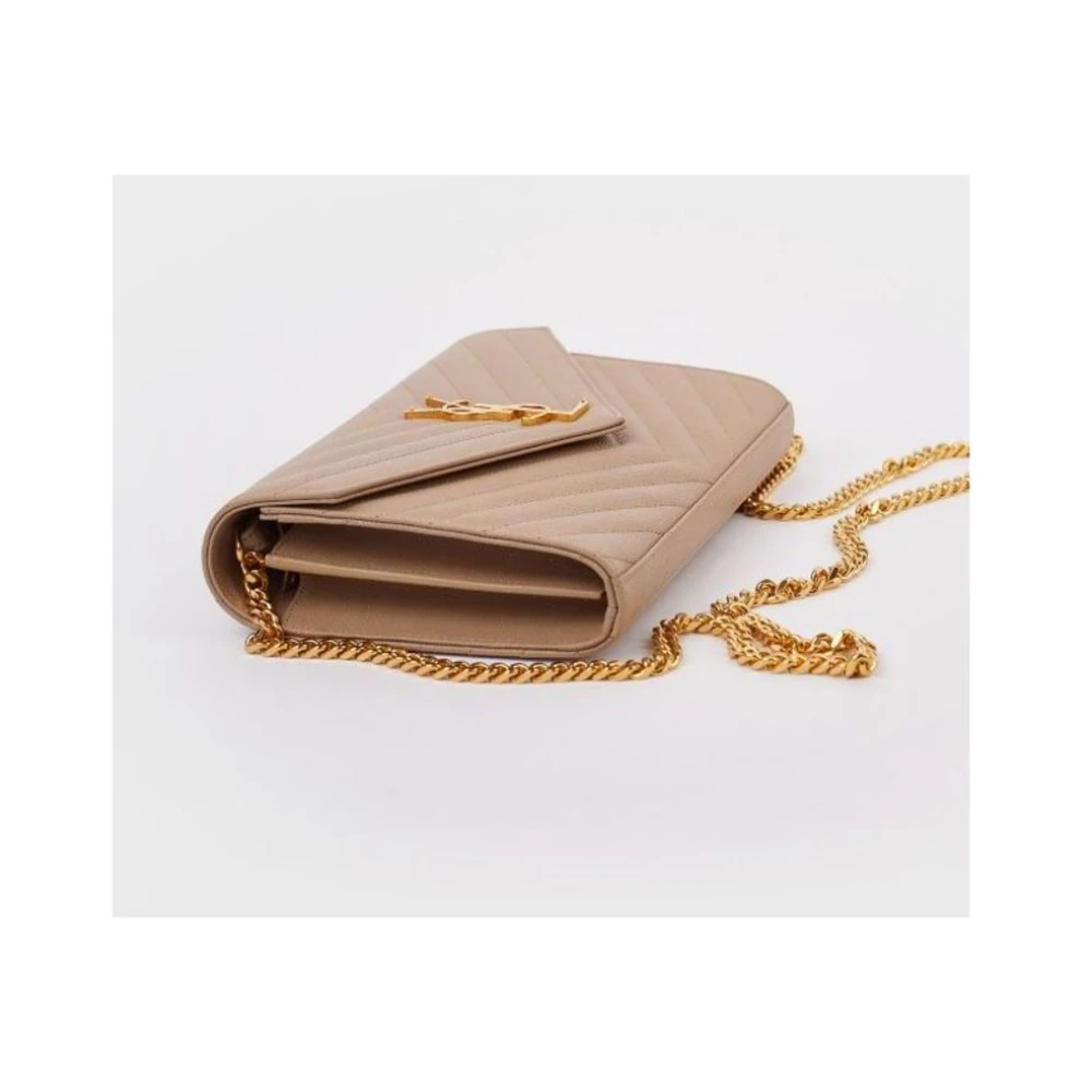 Saint Laurent Monogram Chain Wallet In Grain De Poudre Embossed Leather Beige Dames