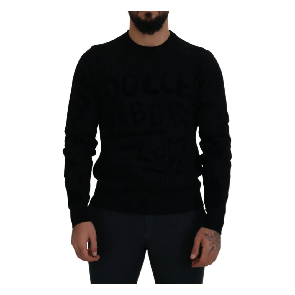 Dolce & Gabbana Men's Black Sweatshirts, Xs, Wool Logo Pattern Crewneck Jumper