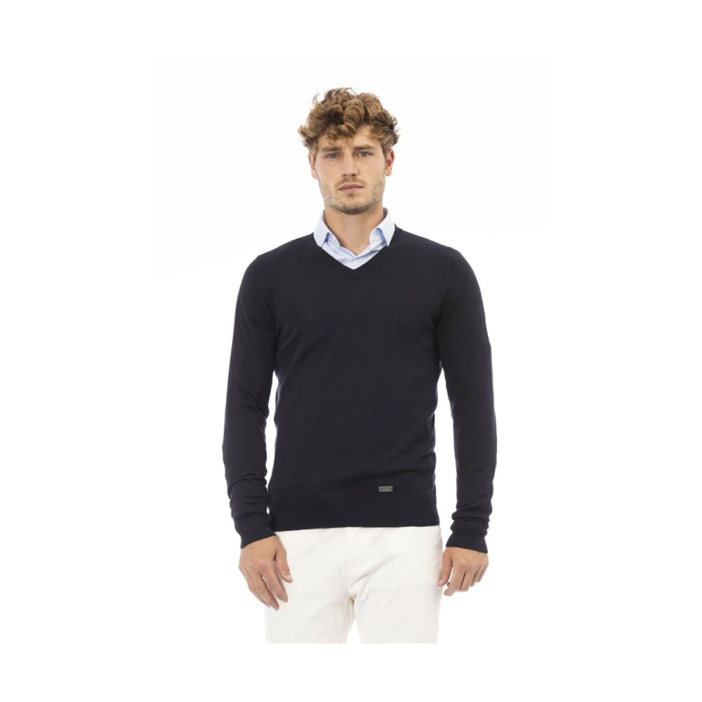 Baldinini Blauwe V-hals trui met geribbelde details Blue Heren