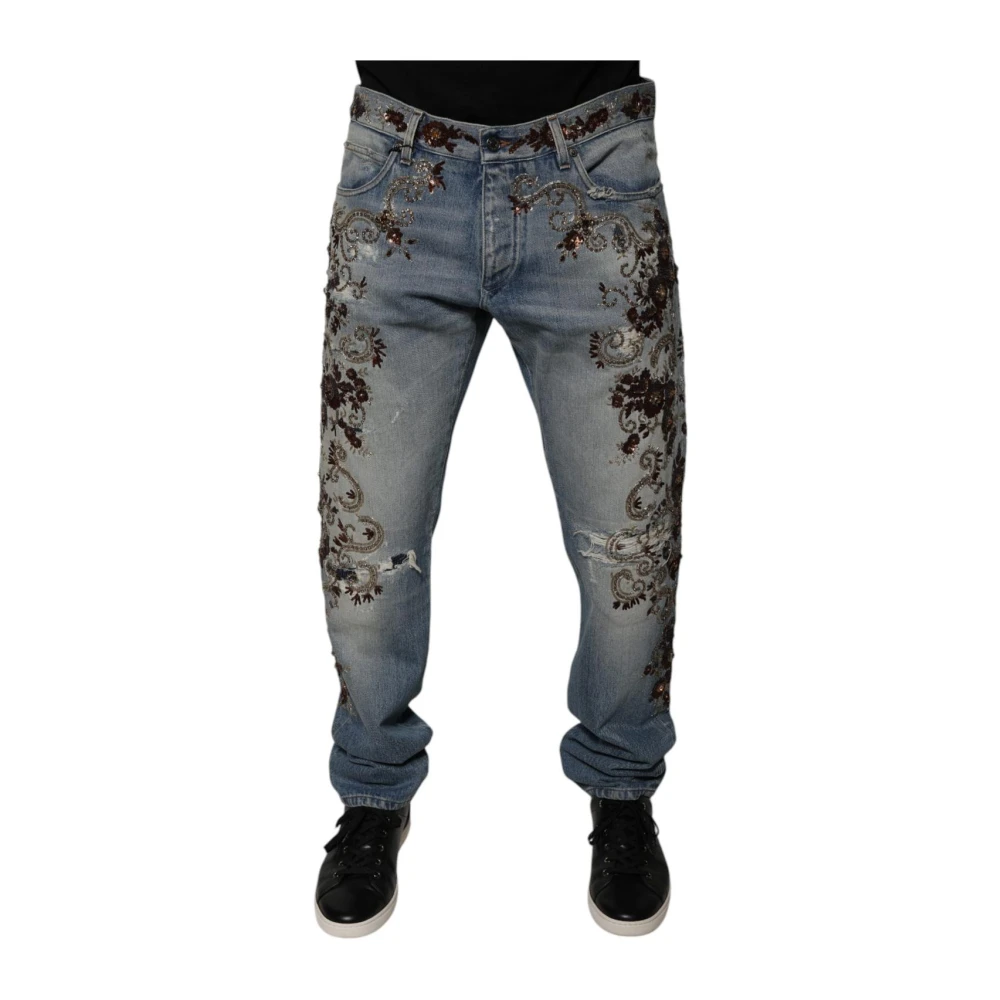 Dolce & Gabbana Men's Blue Floral Embroidery Skinny Jeans - Straight Fit Jeans - Xl - Jeans