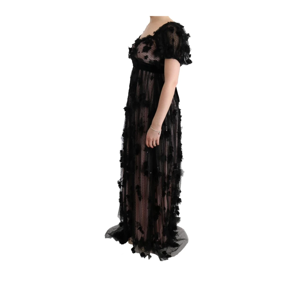 Dolce & Gabbana , Maxi Dresses, Female, Black, Xs, Black Pink Silk Applique Shift Dress - Image 3