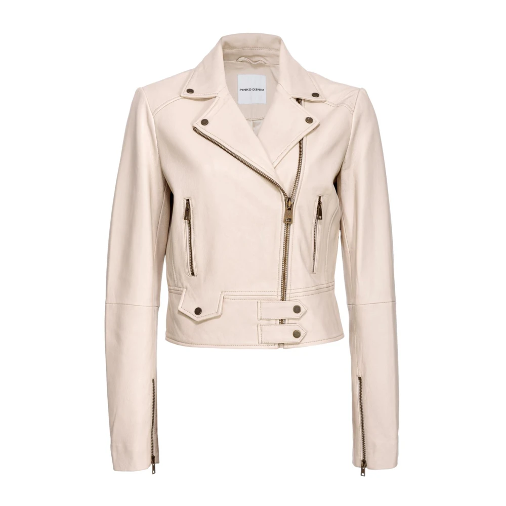 Pinko Women's Beige Light Jackets, L, Leather Biker Jacket With Metal Details