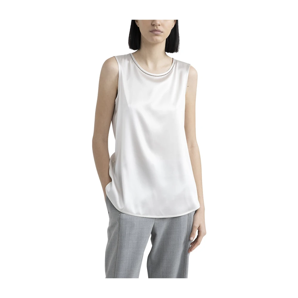 PESERICO Glanzende zijden satijnen top met Punto Luce afwerking White Dames
