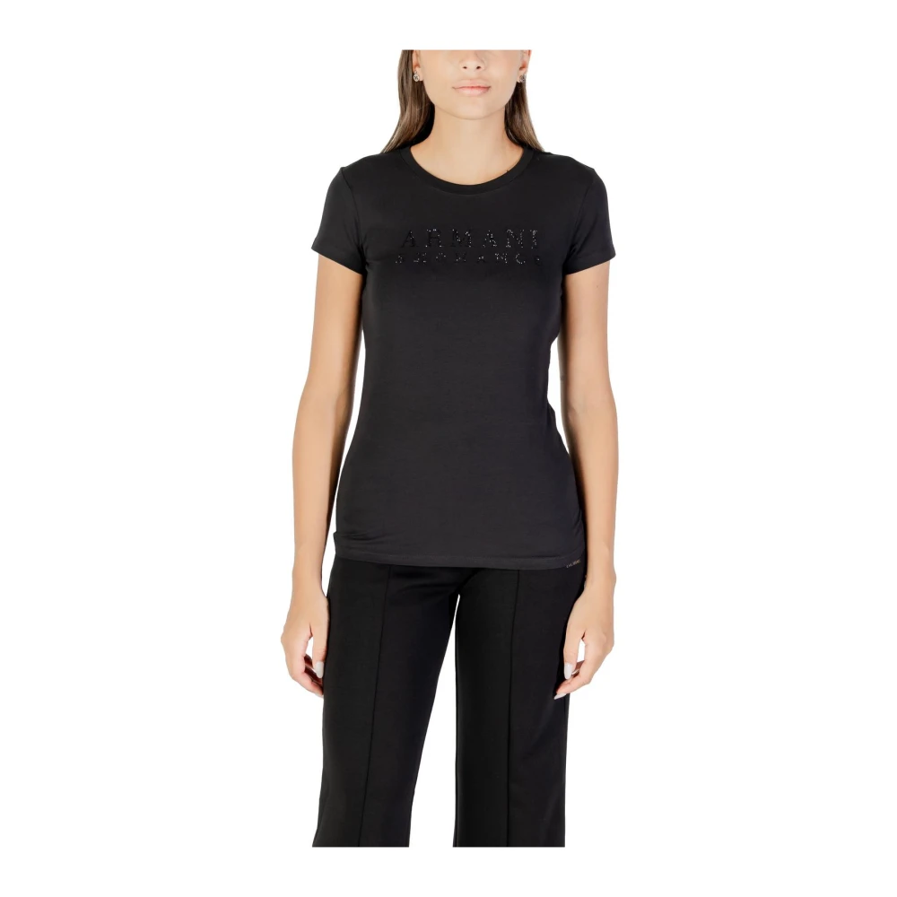 Armani Exchange Women's Black T-Shirts, L, Rhinestone Embellished Round Neck Short Sleeve T-Shirt