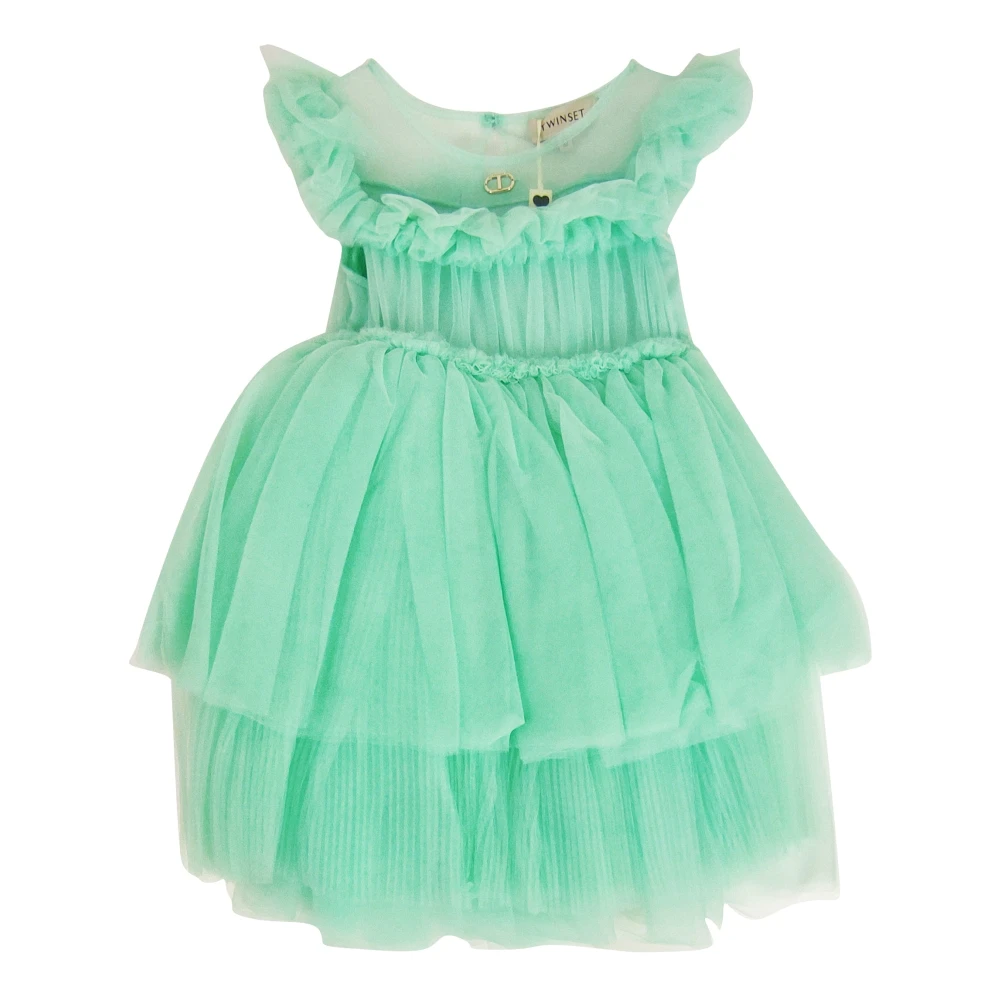 Twinset Green Kids Occasion Wear, Female, 3 Y, Square-Neck Tiered Tulle Dress