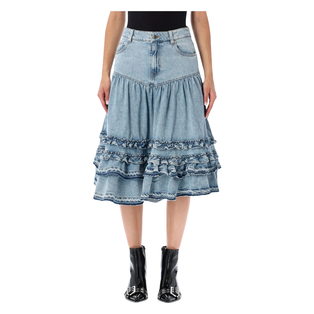 Ganni Blue Denim Skirts, Female, Xs, Denim Frill Midi Skirt