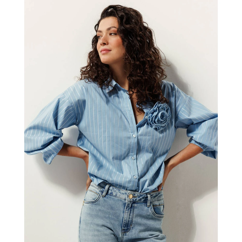 Tramontana Oversized Lurex-Gestreepte Blouse Blue Dames