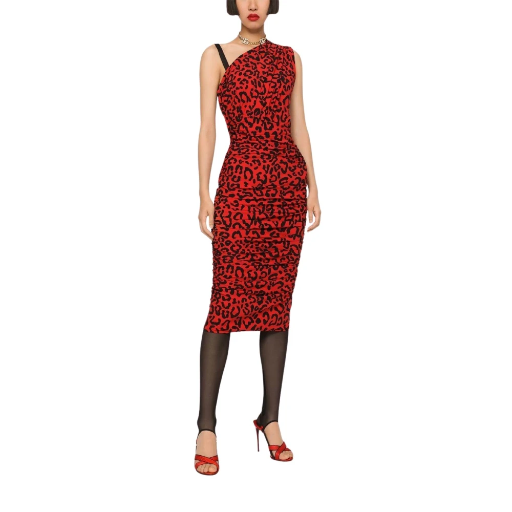 Dolce & Gabbana Leopard Print Midi Dagjurk Red Dames