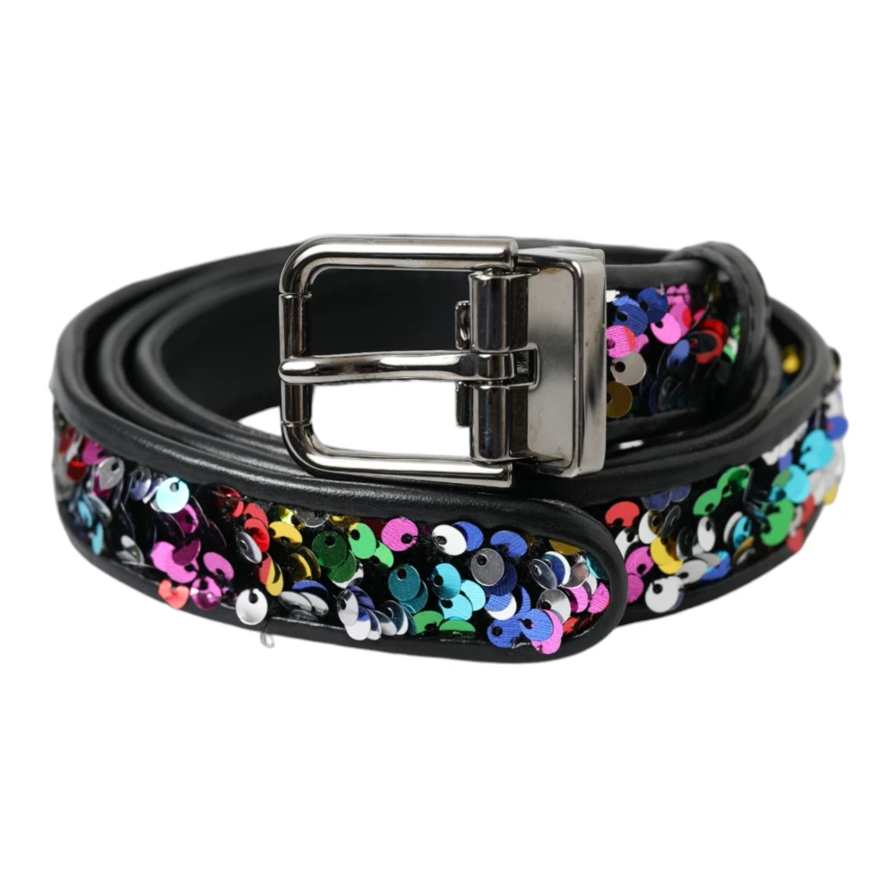 Dolce & Gabbana Zwart Pailletten Metalen Gesp Dames Riem Black Dames