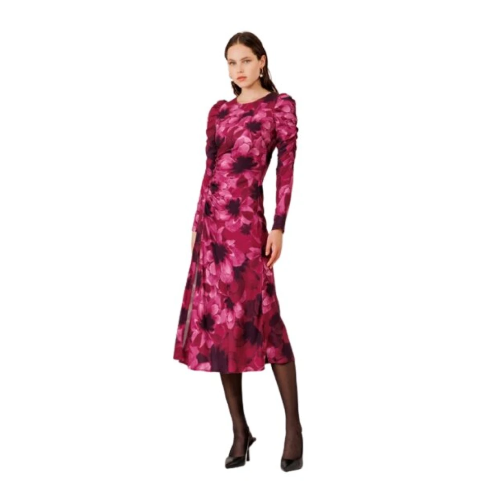 Mar De Margaritas Bloemenprint Midi Jurk met Pofmouwen Purple Dames