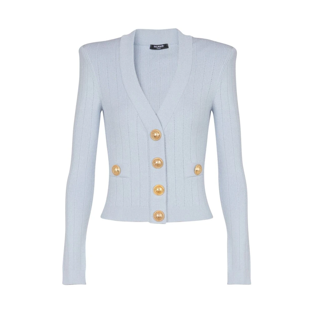 Balmain Pastelblauwe Gebreide V-hals Trui Blue Dames