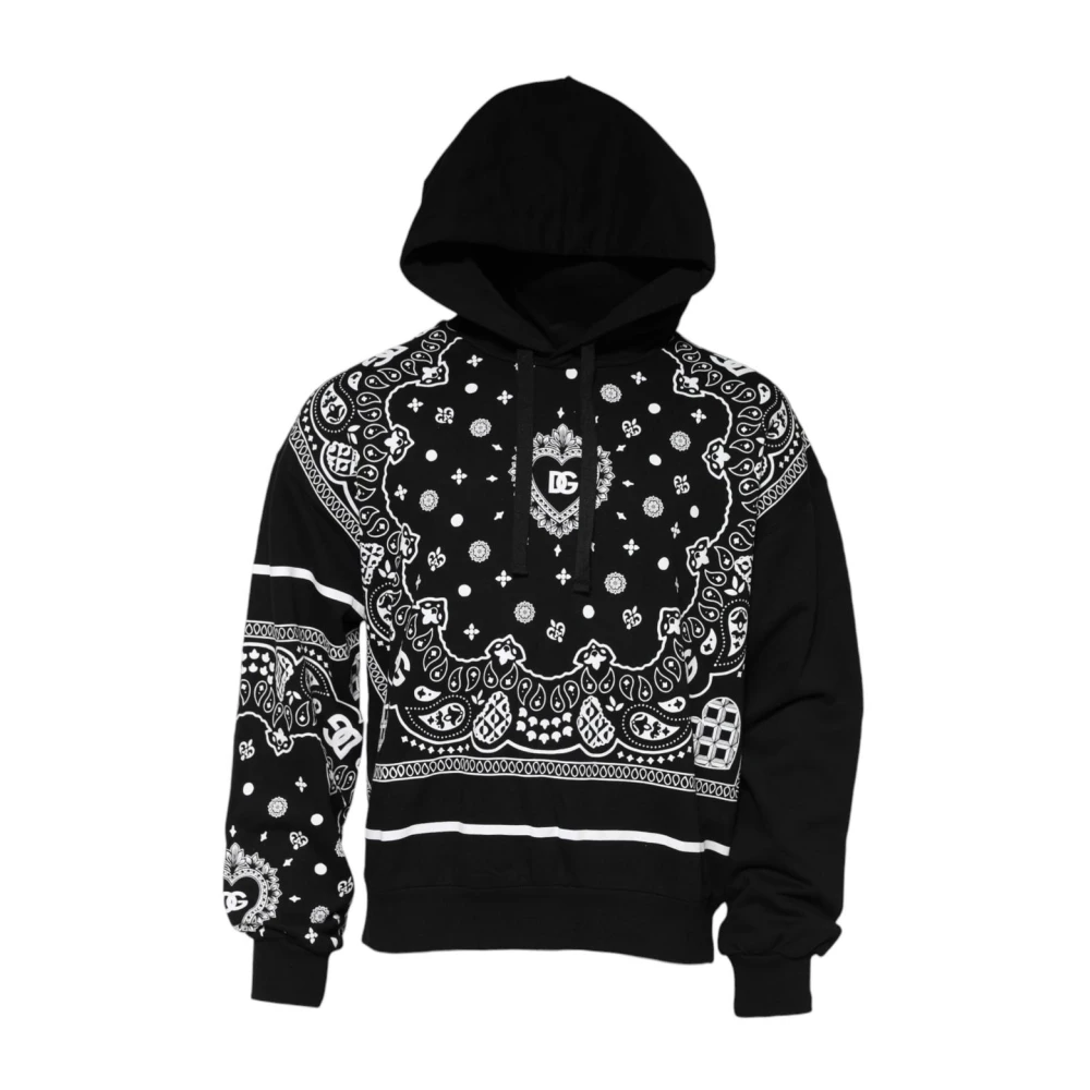 Dolce & Gabbana Men's Black Hoodies, Xs, Bandana Print Logo Hooded Sweatshirt