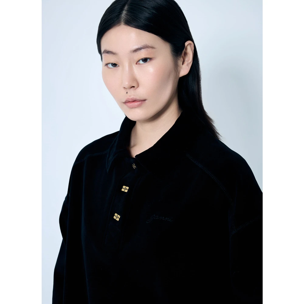 Ganni Velours Drop-Shoulder Poloshirt Black Dames