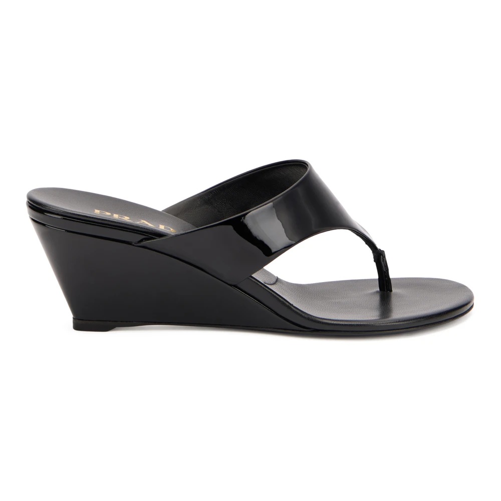 Prada Women's Black Patent Leather Wedge Thong Sandal