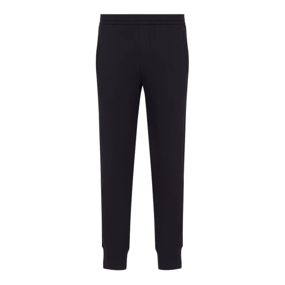 Emporio Armani Blauwe Navy Jogger Broek Dubbele Jersey Katoenmix met Logo Belettering Blue Heren
