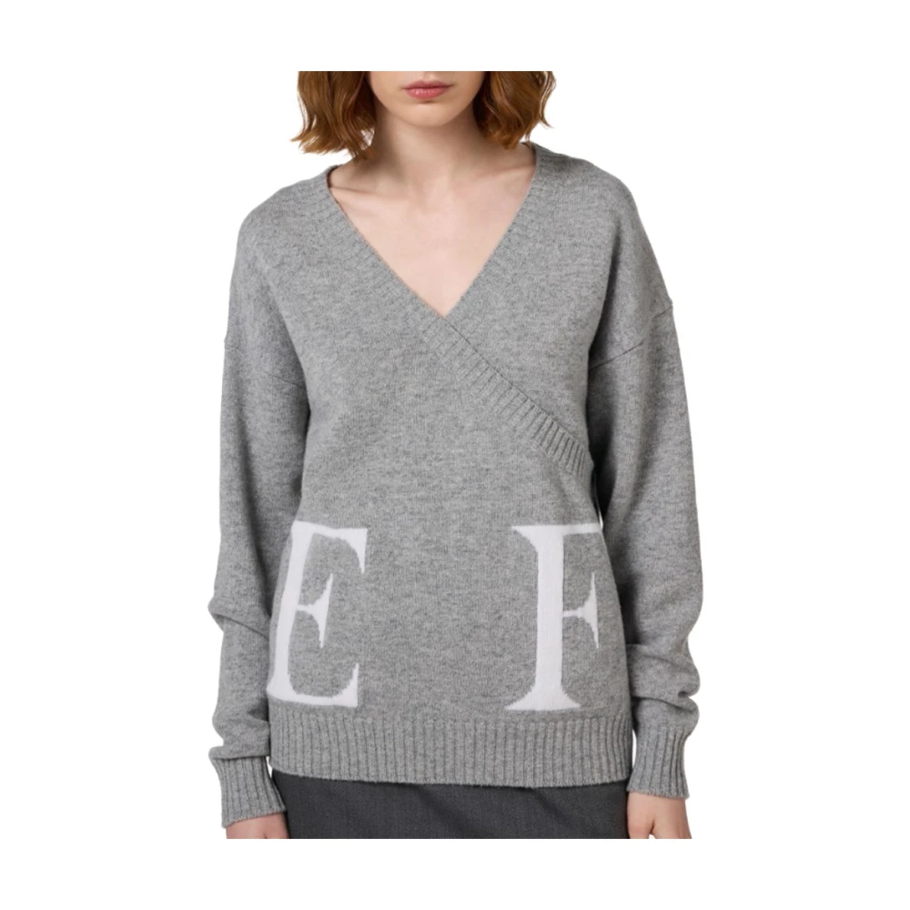 Elisabetta Franchi Logo Wollen Blend Cross Sweater Gray Dames
