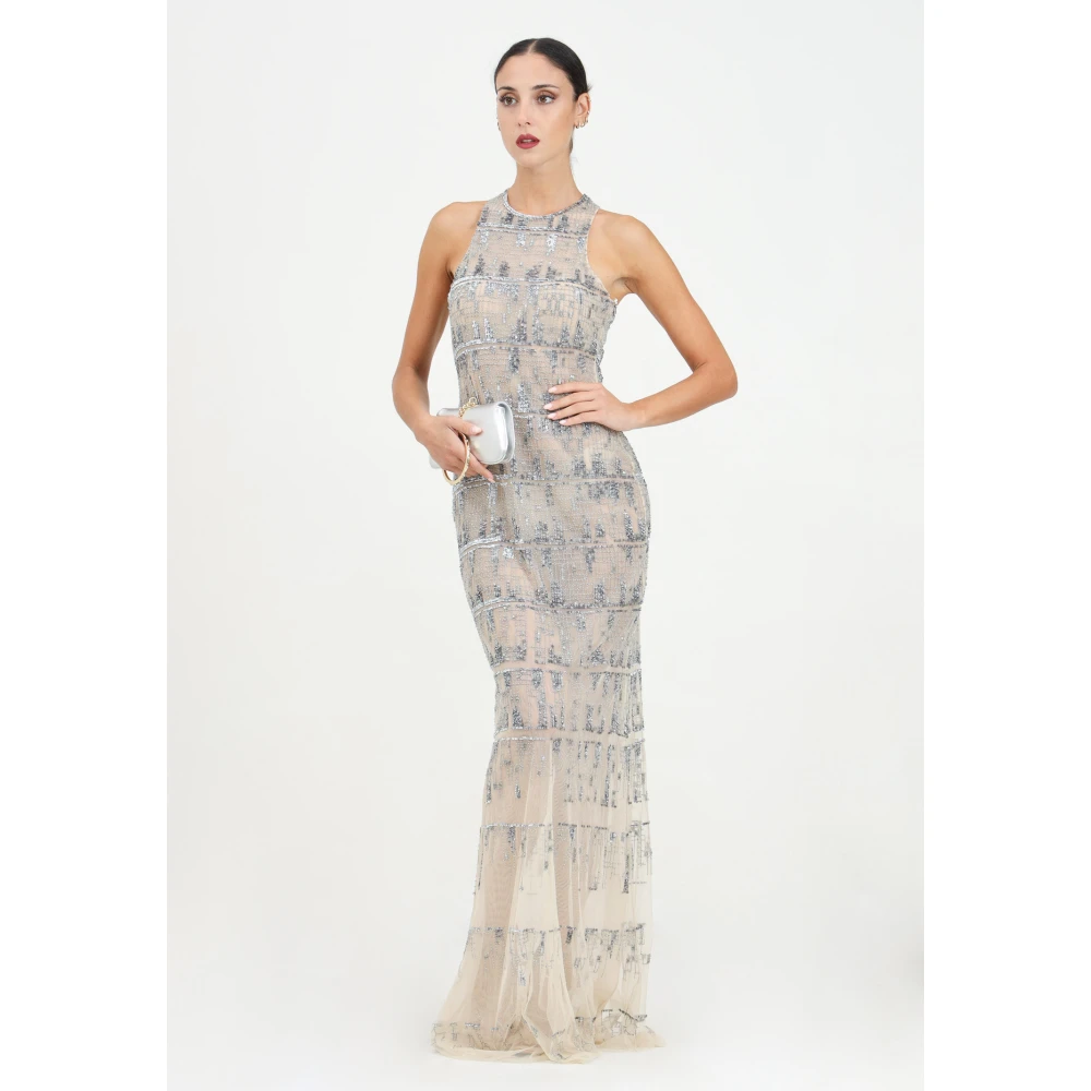 Elisabetta Franchi Pixel Effect Lange Wijd Uitlopende Jurk Gray Dames