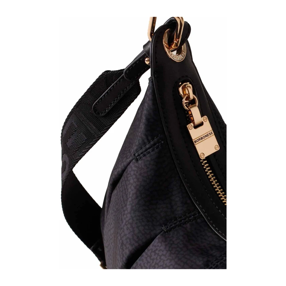 Borbonese Croissant Zwarte Bedrukte Tas met Leren Details Black Dames