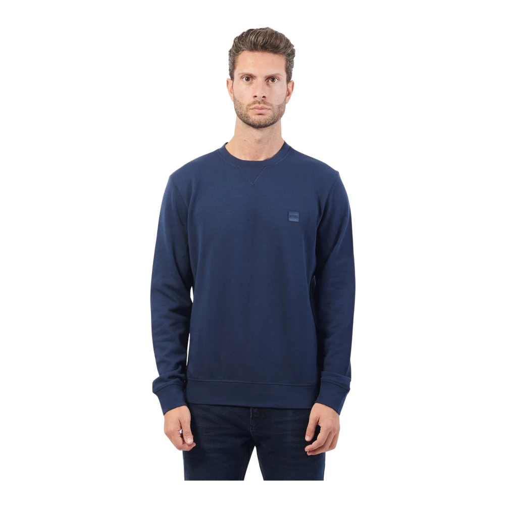 Boss Blauwe Casual Sweater Franse Terry Logo Blue Heren
