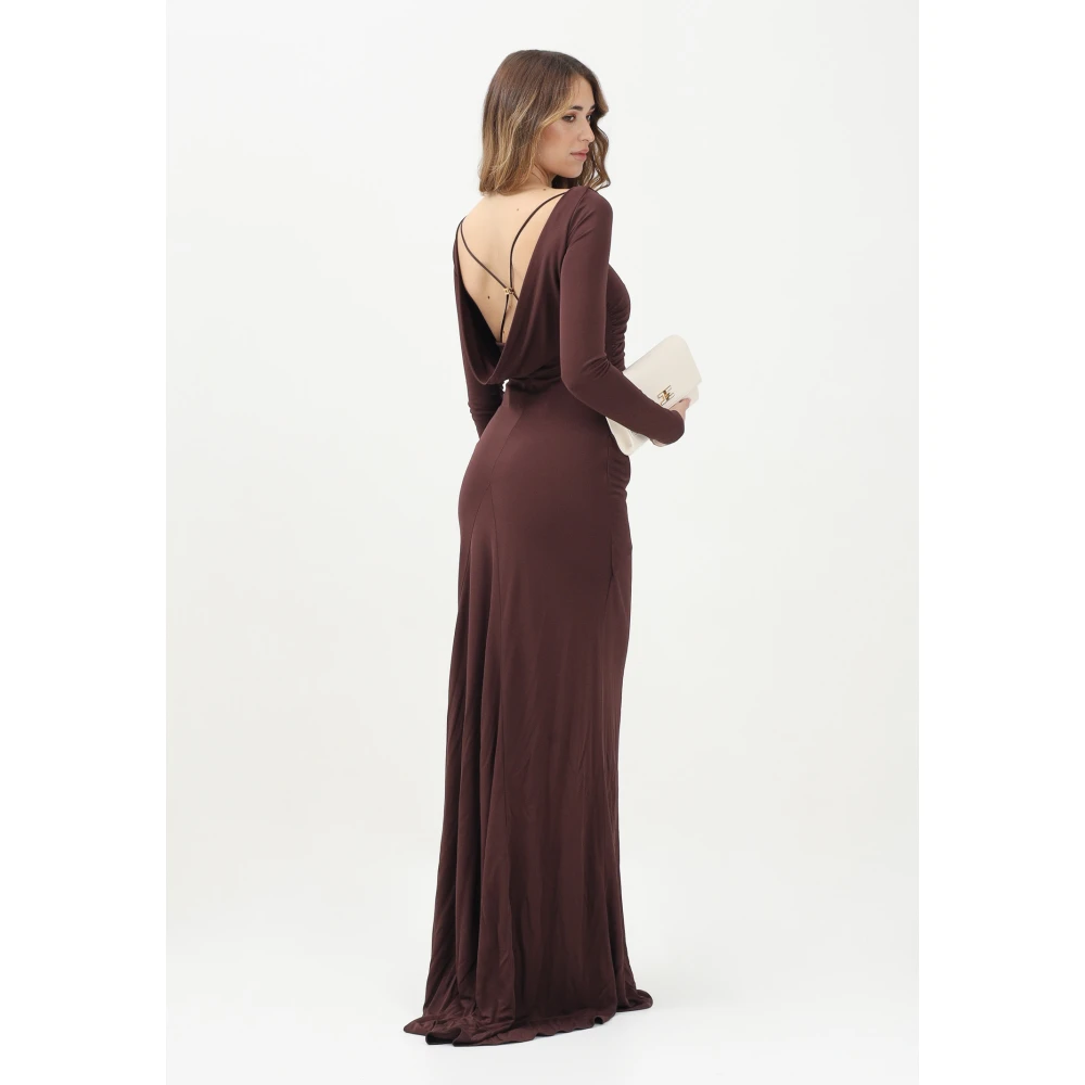 Elisabetta Franchi Bruine Lange Jurk Boothals Open Rug Brown Dames