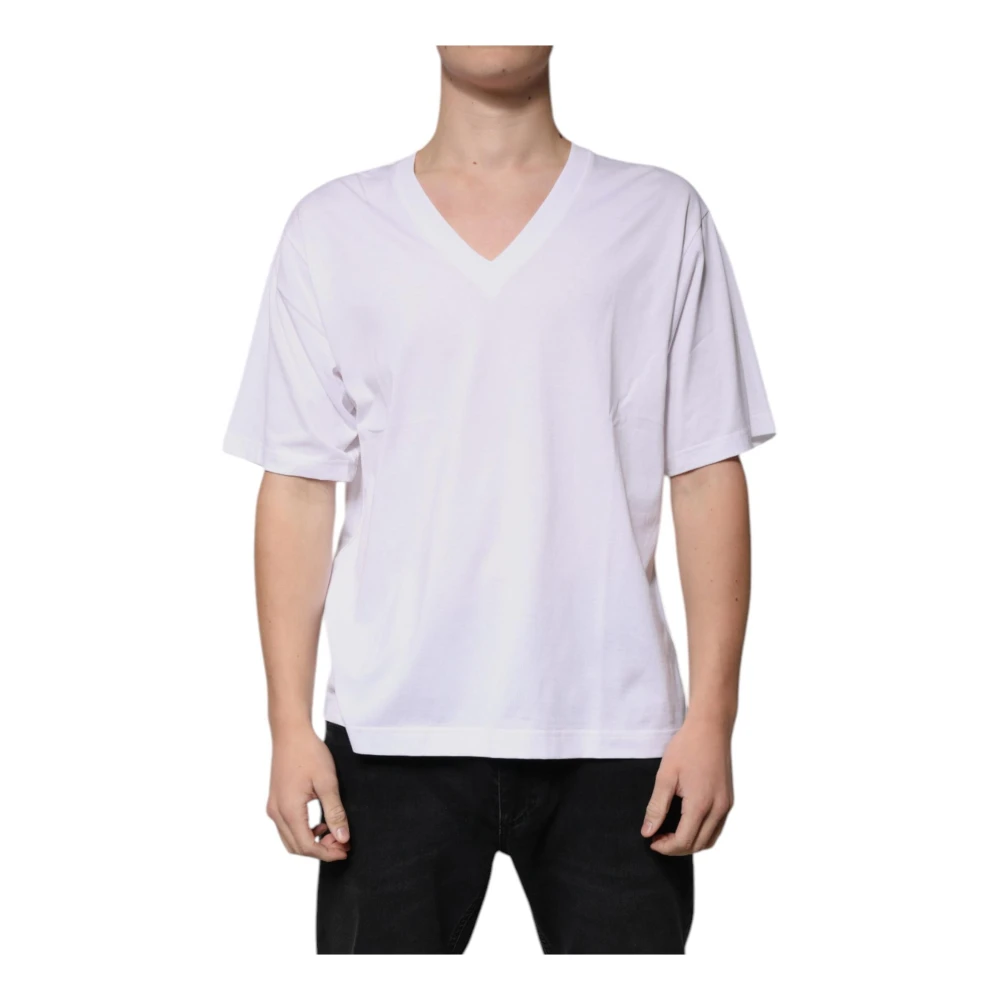 Dolce & Gabbana Witte Katoenen V-hals Logo T-shirt White Heren