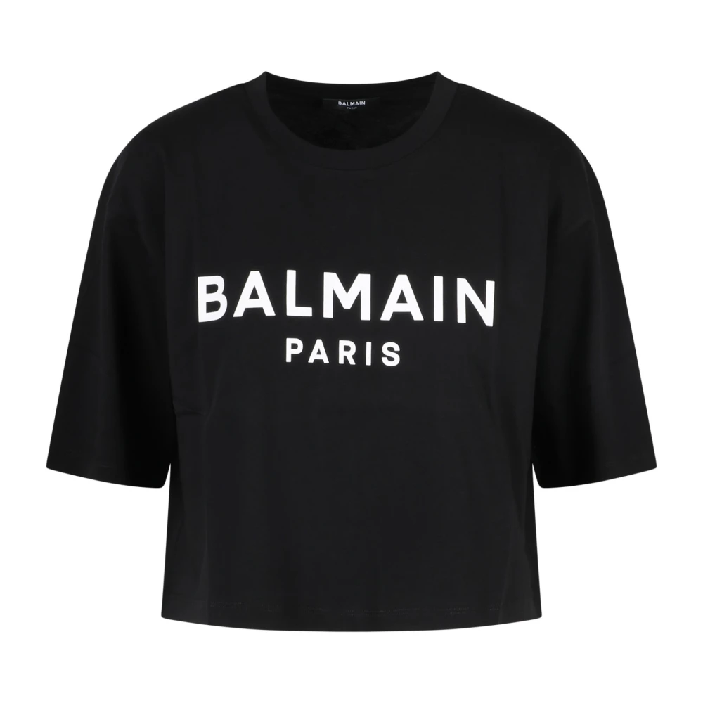 Balmain Logo Print Crop T-Shirt Black Dames