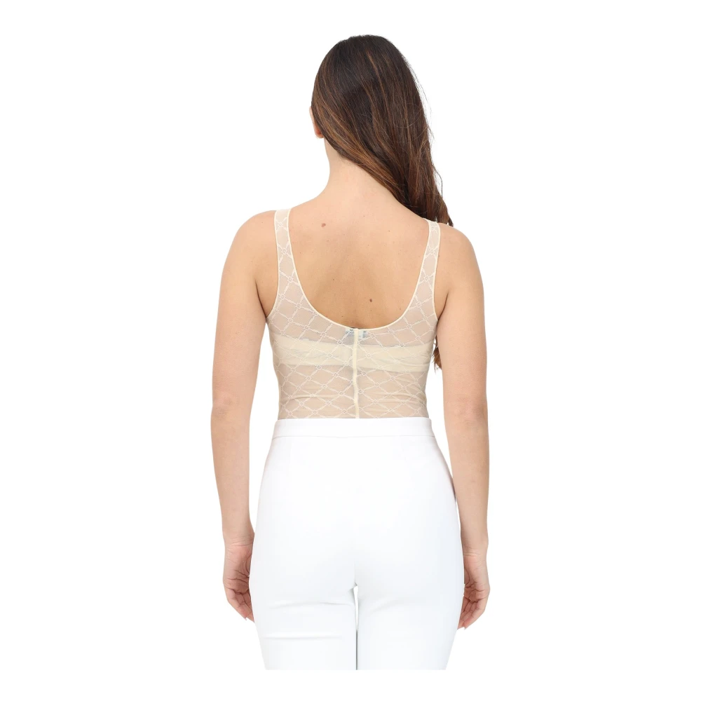 Elisabetta Franchi Gele Jacquard Mouwloze Body met Ruitmotief Beige Dames