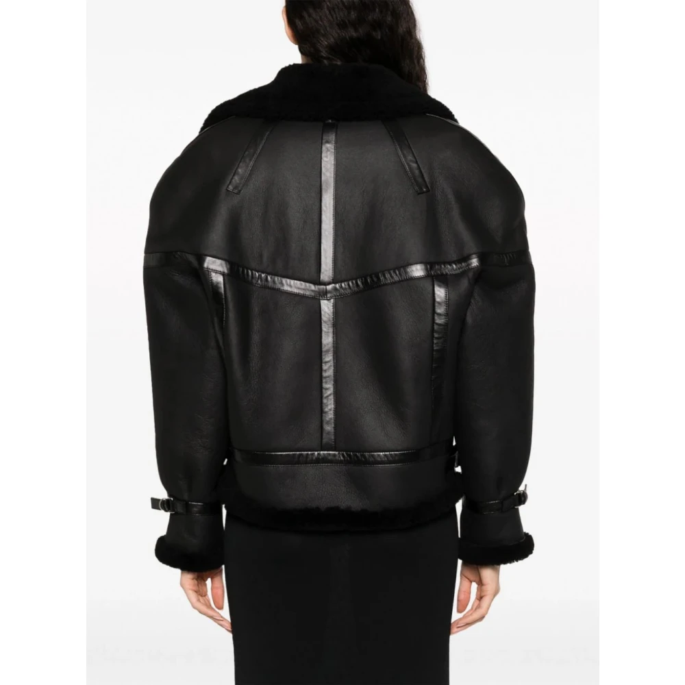 Saint Laurent Shearling-gevoerde leren pilotenjas Black Dames