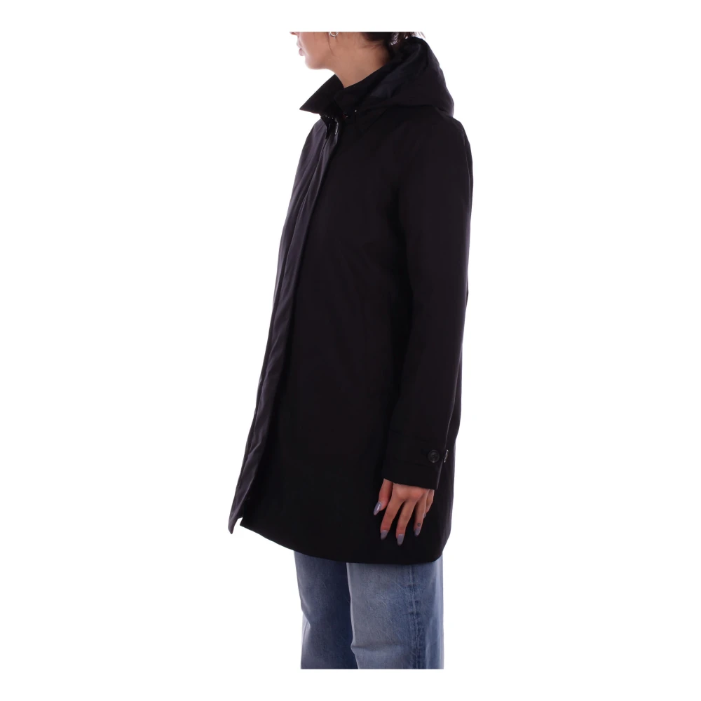 Save The Duck Zwarte jas met capuchon rits en knoop Black Dames