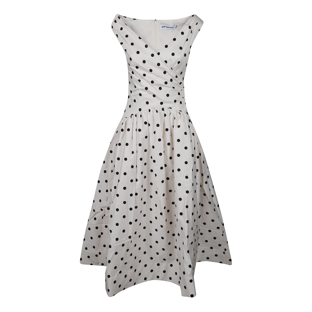 Self Portrait Women's Beige Midi Dresses, S, Polka Dot Cotton Midi Dress
