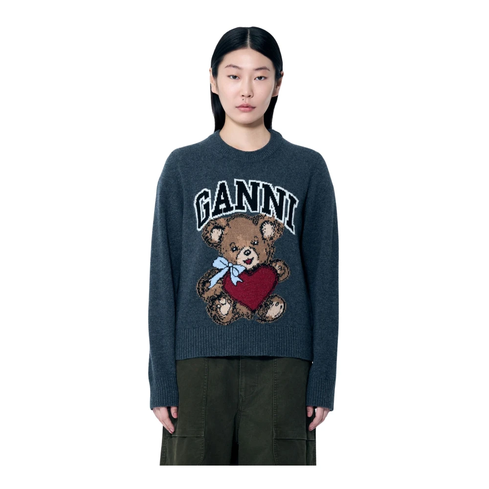Ganni Beer Grafische Wollen Trui Gray Dames