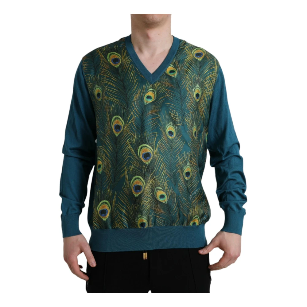 Dolce & Gabbana Men's Multicolor V-Neck Knitwear, Xl, Peacock Feather Silk Pullover Jumper