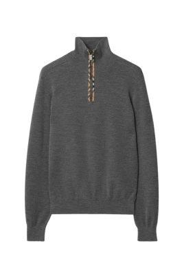 Sweater i ull med halv dragkedja och rutig krage