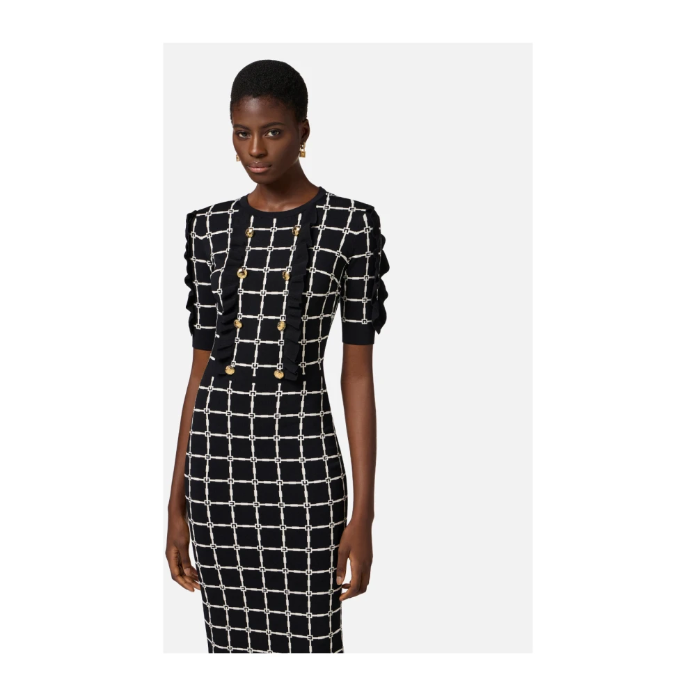 Elisabetta Franchi Jacquard logo jurk met ruches Black Dames