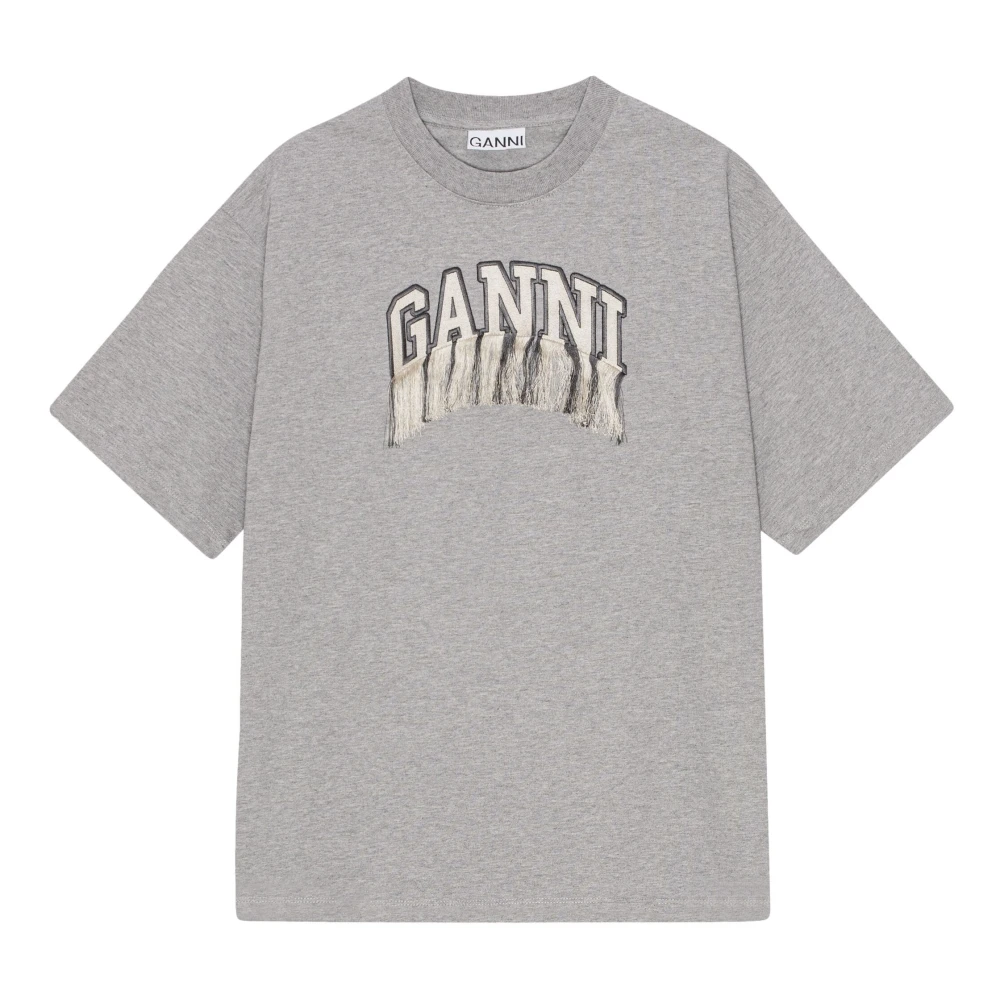 Ganni Fringe Logo T-shirt Gray, Dam