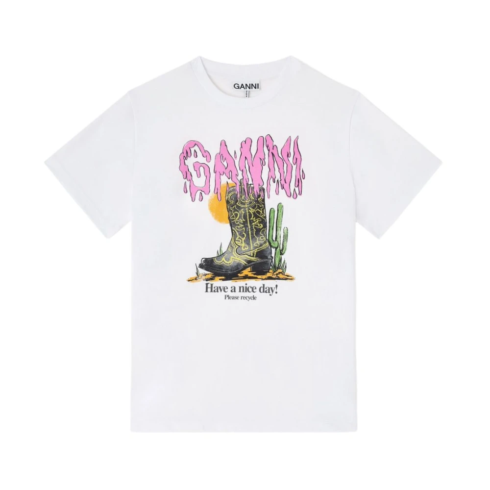 Ganni White T-Shirts, Female, L, Round Neck Graphic T-Shirt