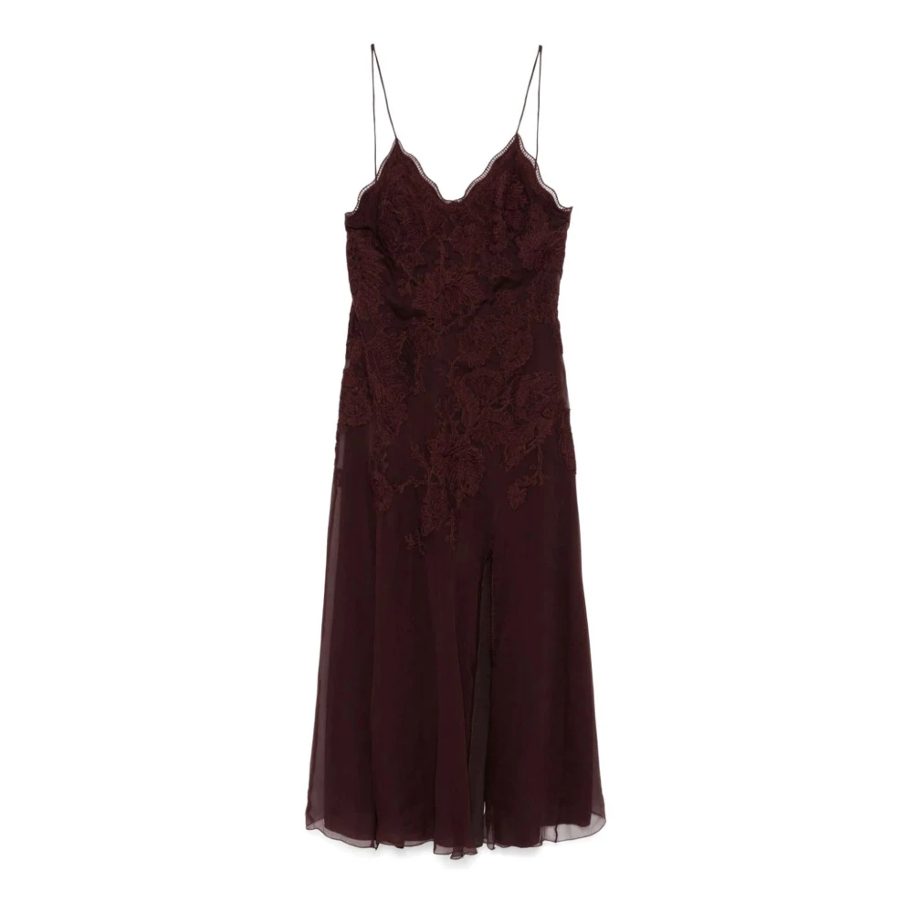 Ermanno Scervino Bordeaux Chiffon Midi Jurk met Borduurwerk Red Dames