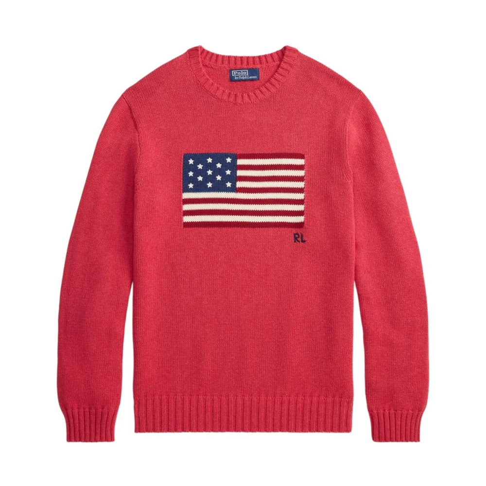 Polo Ralph Lauren Men's Red Round-Neck Knitwear, S, Flag Intarsia Cotton Crewneck Jumper