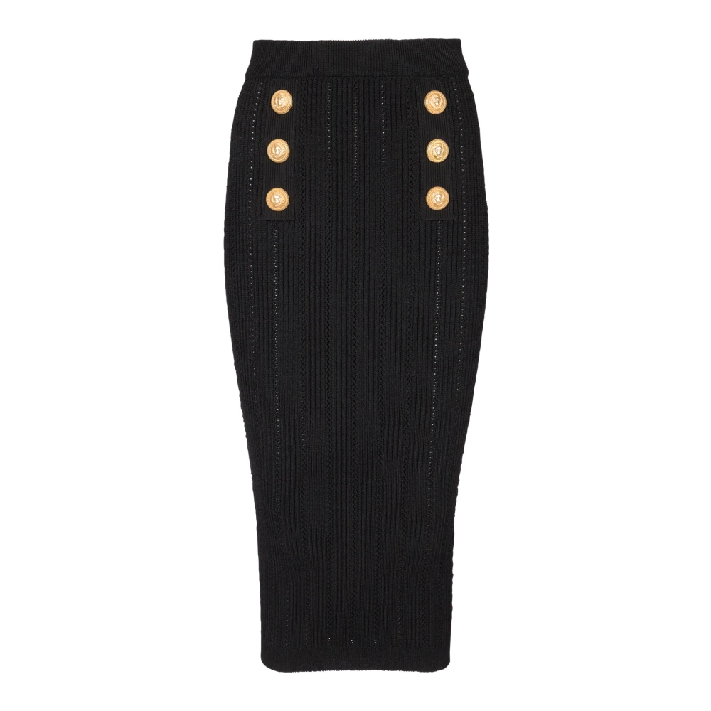 Balmain Midi Stickad Kjol med Knappar Black, Dam