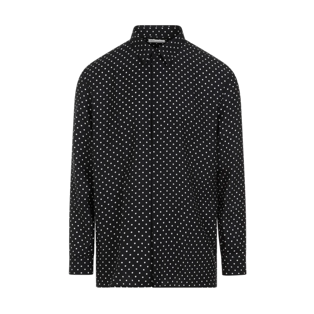 Saint Laurent Zwarte Zijden Polka Dot Overhemd Black Heren