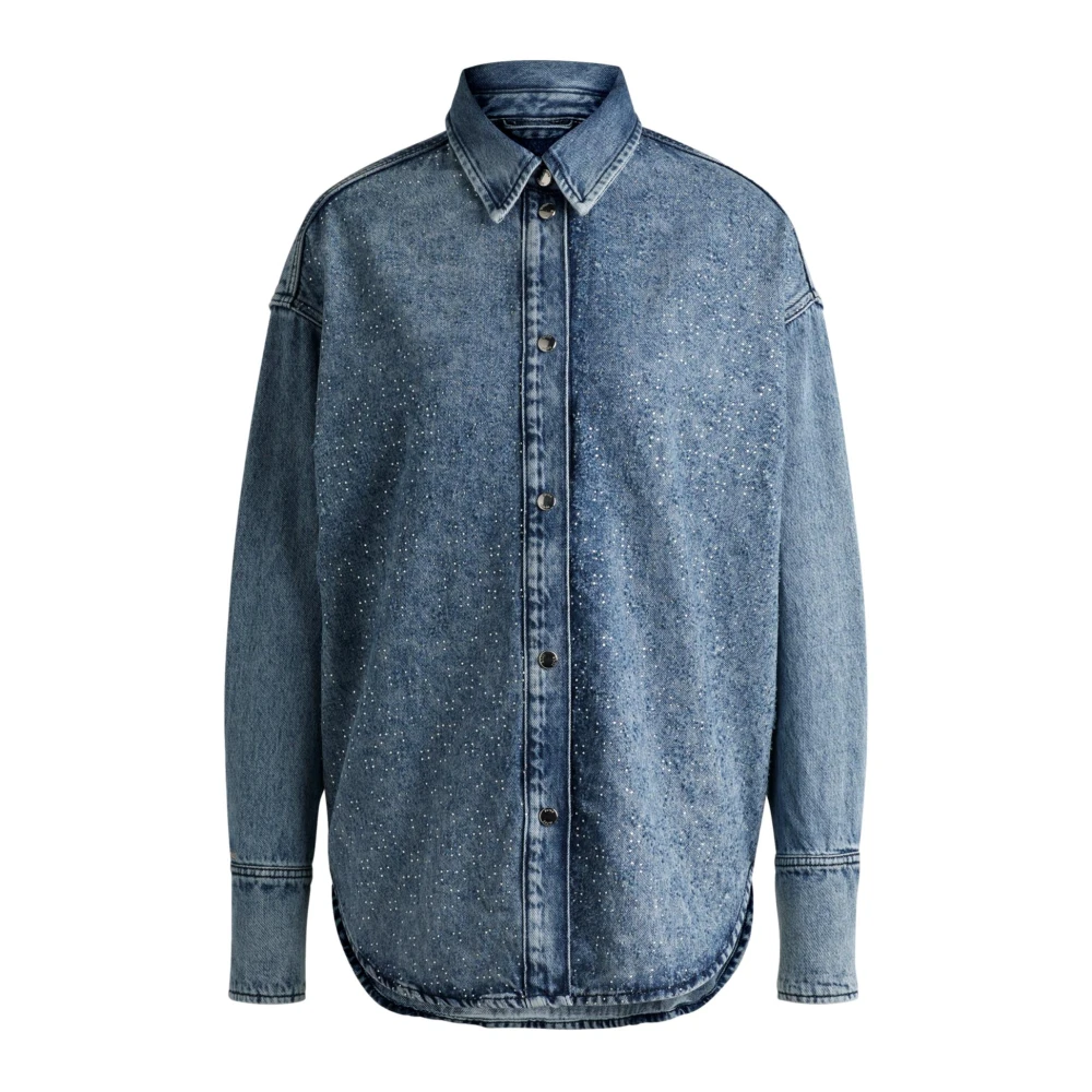 Hugo Boss Denim shirt met kristaldecoraties Blue Heren