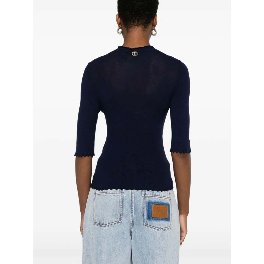 Twinset Blauwe Geribbelde Trui Mock Neck Stijl Blue Dames