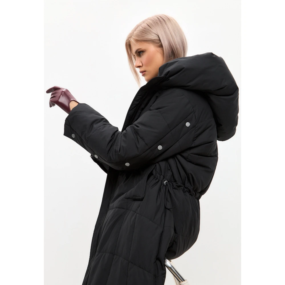 Cesare Gaspari Oversized gewatteerde jas met capuchon en nepbont manchetten Black Dames
