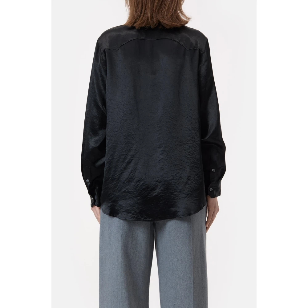 closed Westerse Satijnen Blouse met Borstzakken Black Dames