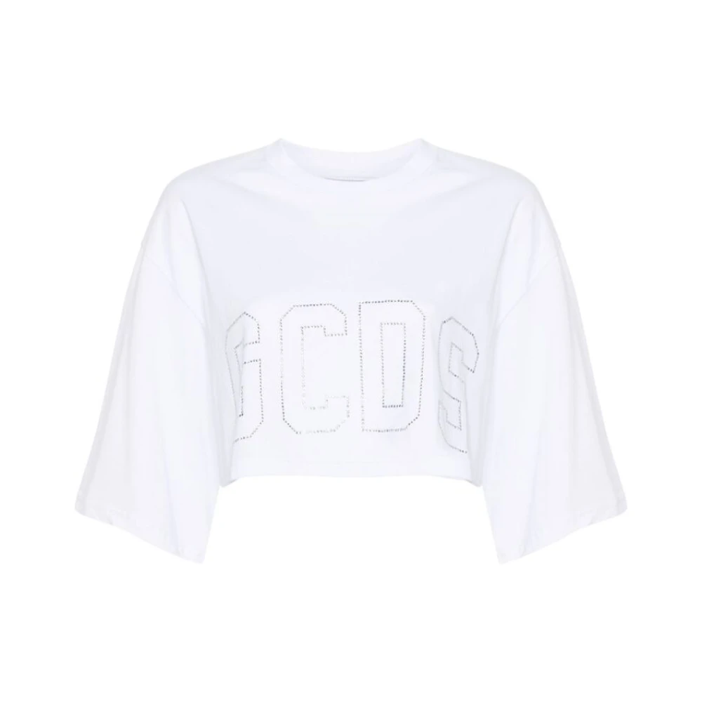 Gcds Wit Logo Rhinestone Crew Neck T-shirt White Dames