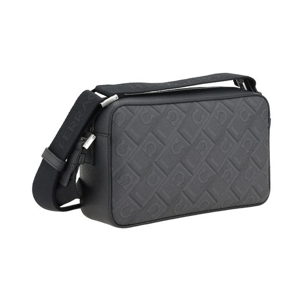 Salvatore Ferragamo Stijlvolle stoffen schoudertas met leer Black Heren